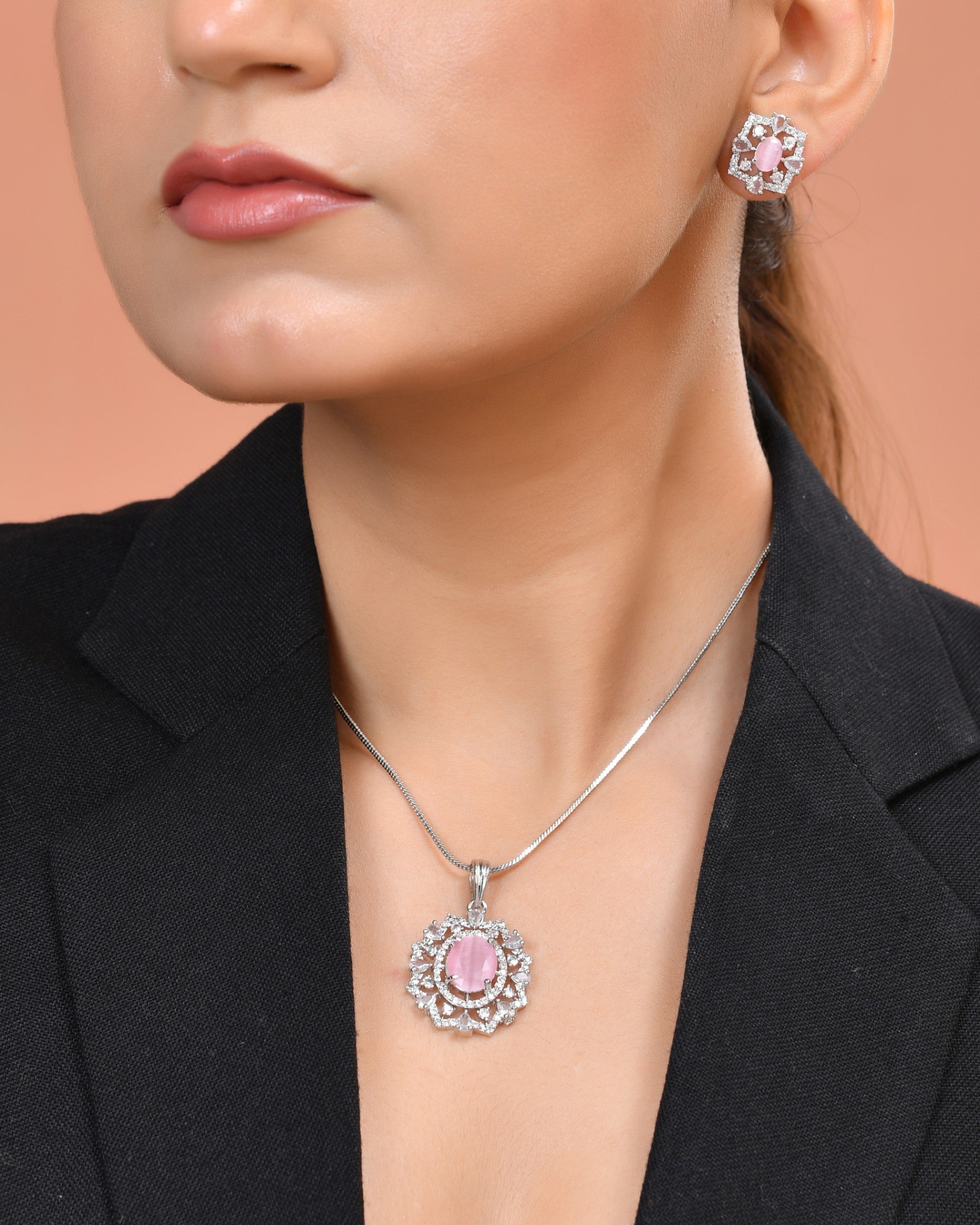 VOJ Silver Plated Baby Pink Circular Stone Studded Designer Ad Chain Set - Dista