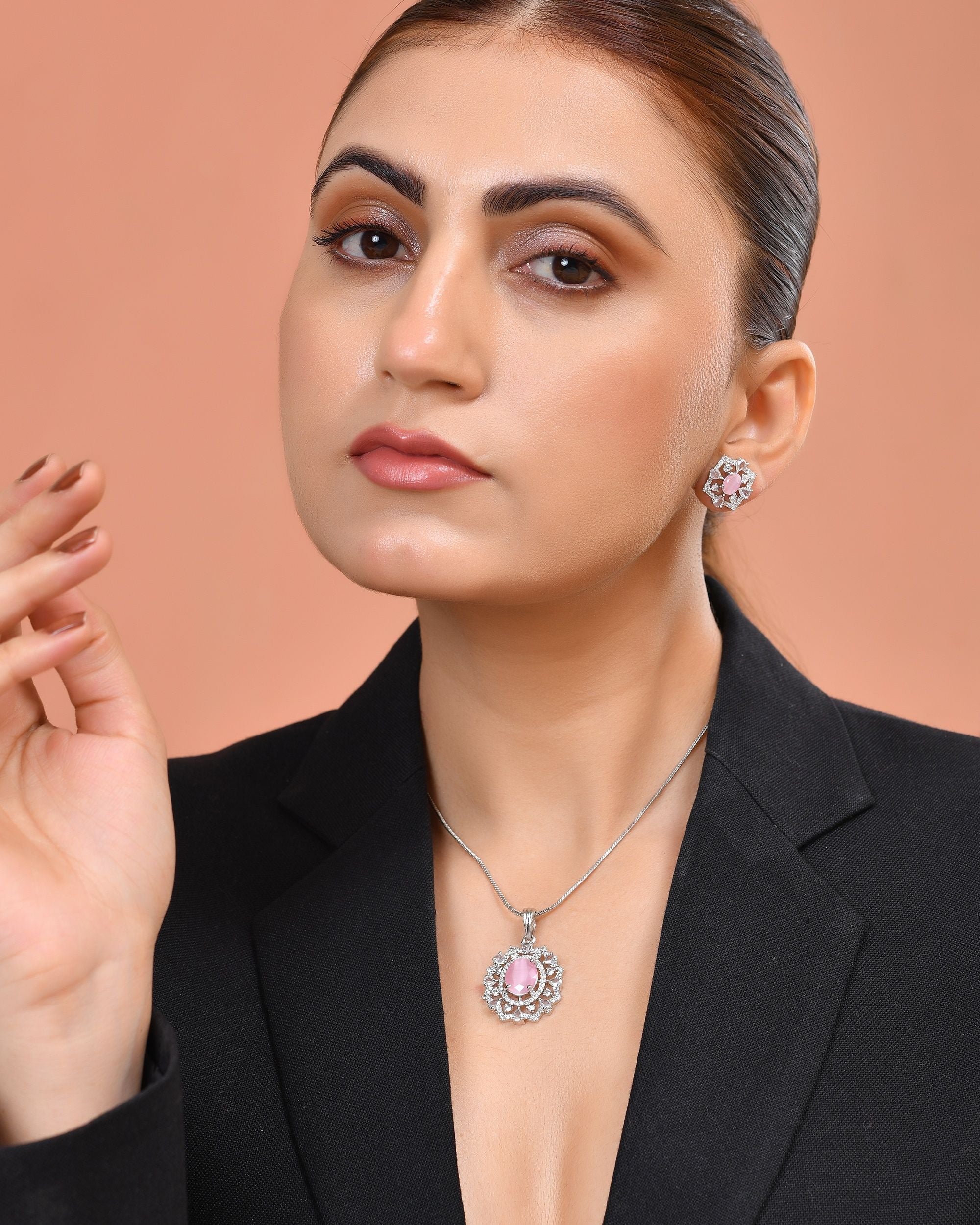 VOJ Silver Plated Baby Pink Circular Stone Studded Designer Ad Chain Set - Dista