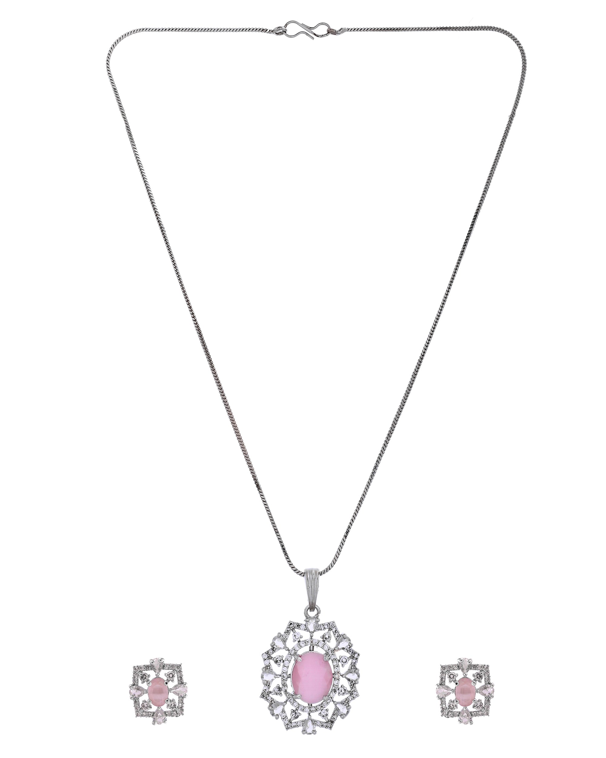 VOJ Silver Plated Baby Pink Circular Stone Studded Designer Ad Chain Set - Dista