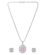 Thumbnail for VOJ Silver Plated Baby Pink Circular Stone Studded Designer Ad Chain Set - Dista