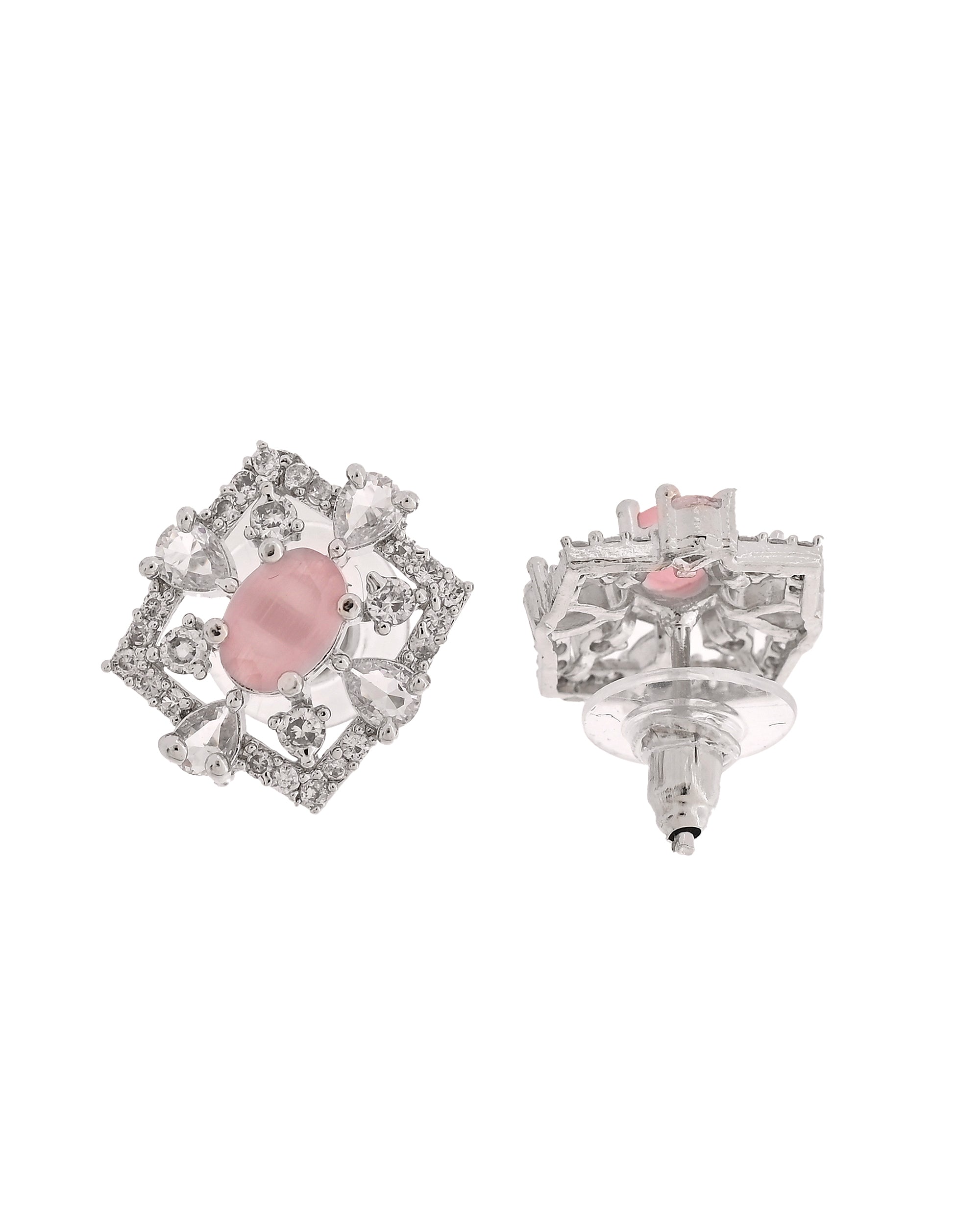 VOJ Silver Plated Baby Pink Circular Stone Studded Designer Ad Chain Set - Dista