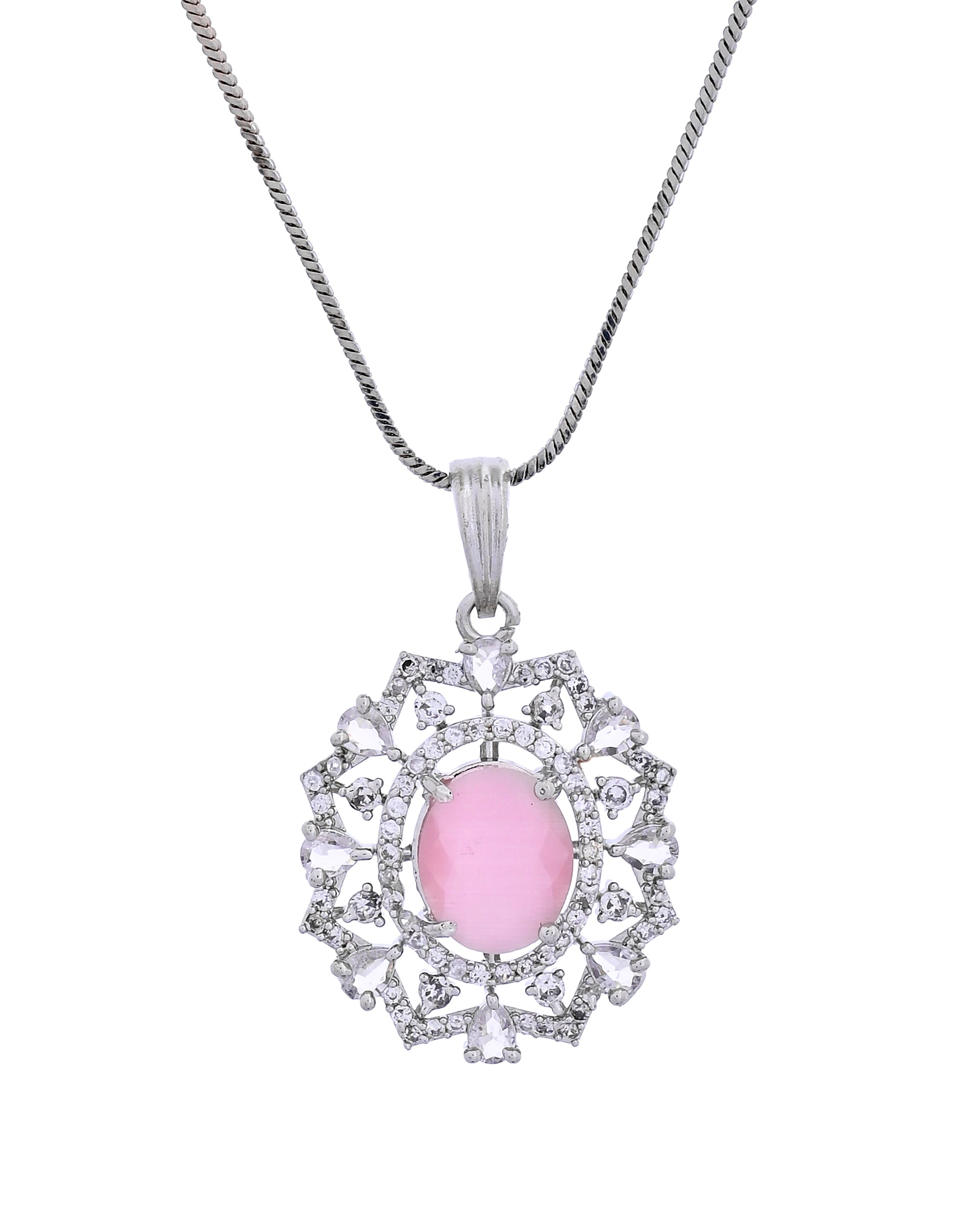 VOJ Silver Plated Baby Pink Circular Stone Studded Designer Ad Chain Set - Dista