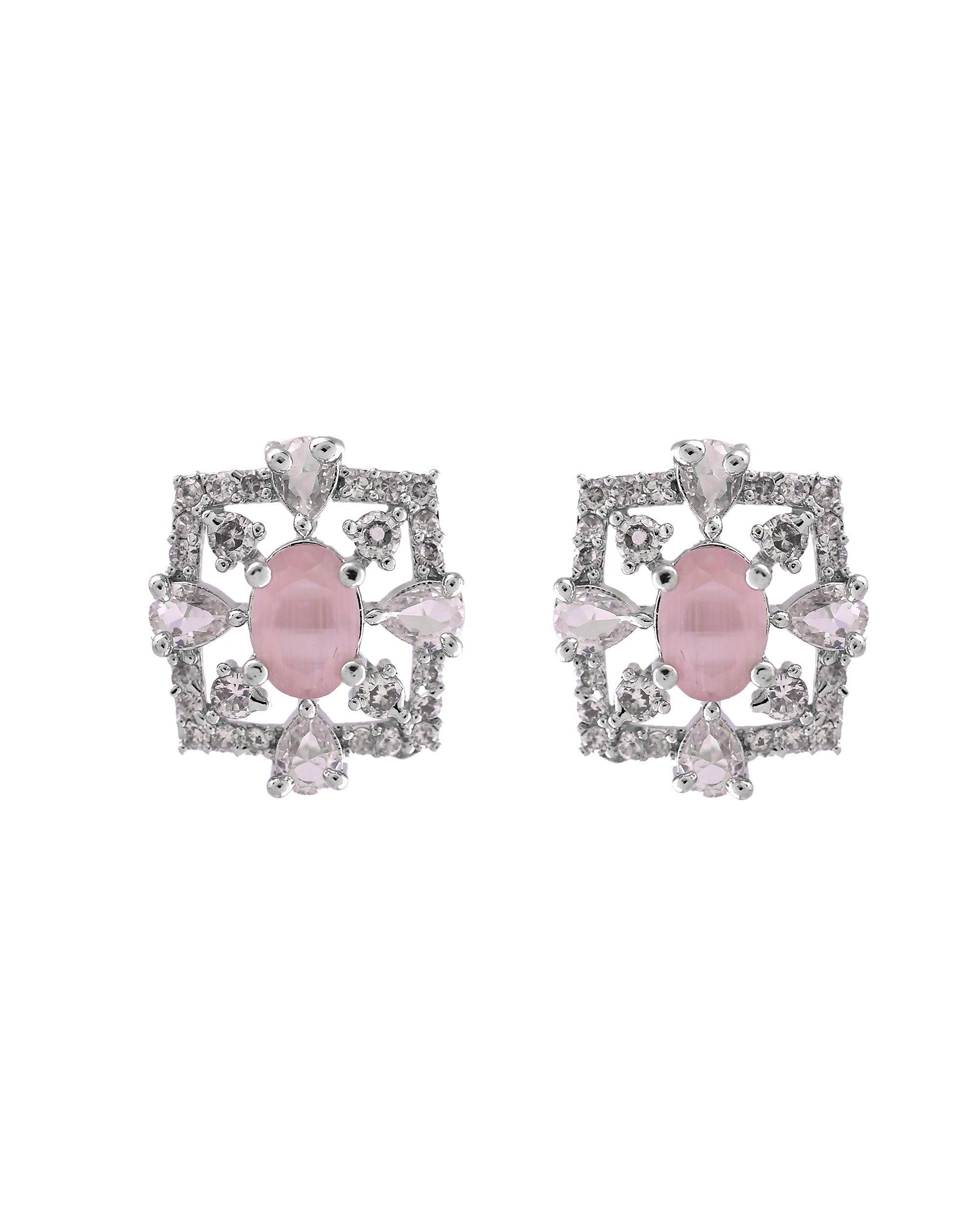 VOJ Silver Plated Baby Pink Circular Stone Studded Designer Ad Chain Set - Dista