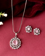 Thumbnail for VOJ Silver Plated Baby Pink Circular Stone Studded Designer Ad Chain Set - Dista