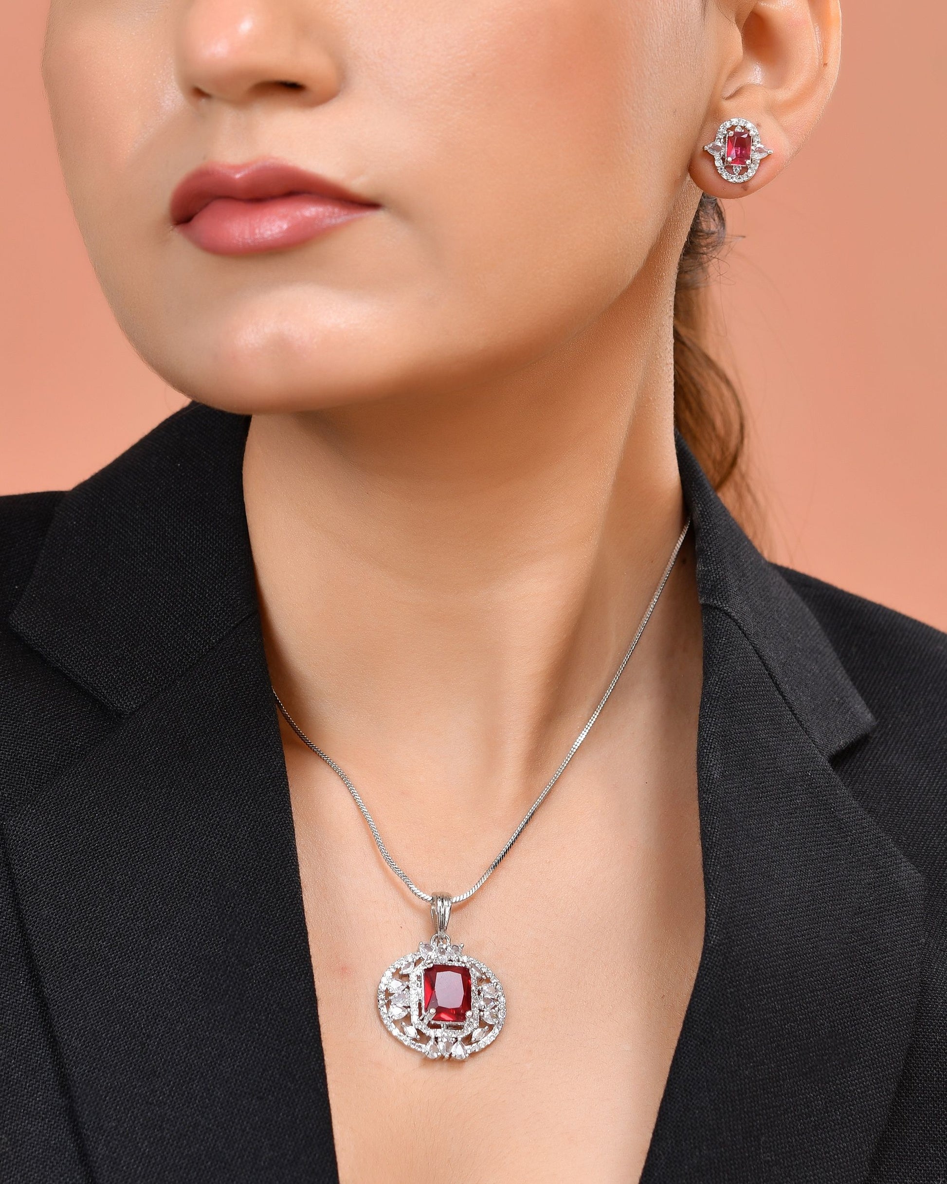 VOJ Silver Plated Ruby Red Rectangular Cz Stone Studded Chain Set - Dista