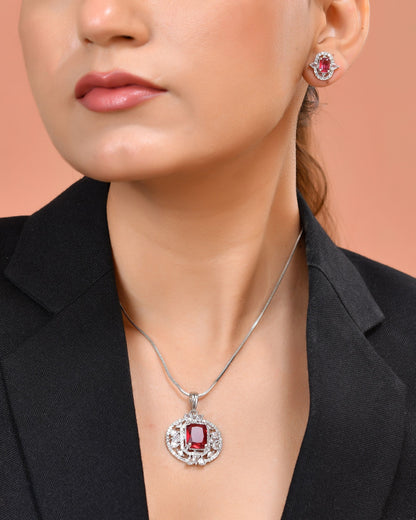 VOJ Silver Plated Ruby Red Rectangular Cz Stone Studded Chain Set - Dista