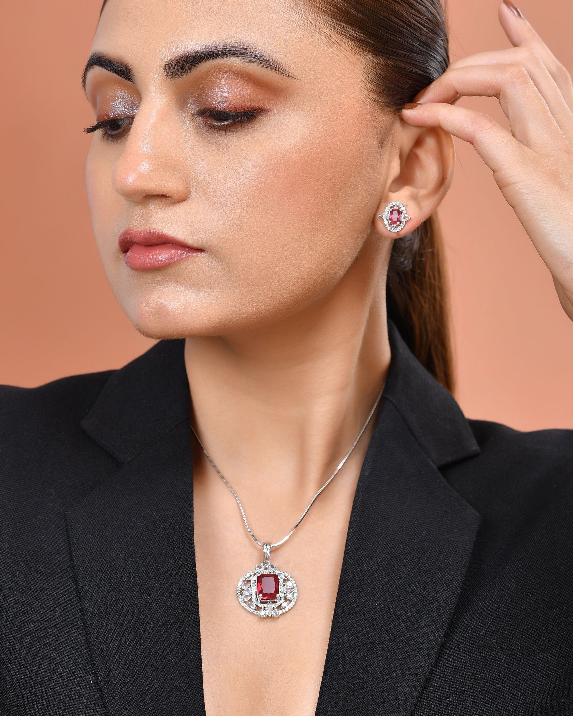 VOJ Silver Plated Ruby Red Rectangular Cz Stone Studded Chain Set - Dista