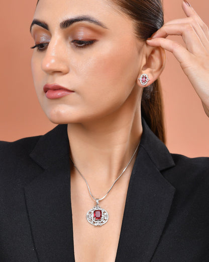VOJ Silver Plated Ruby Red Rectangular Cz Stone Studded Chain Set - Dista