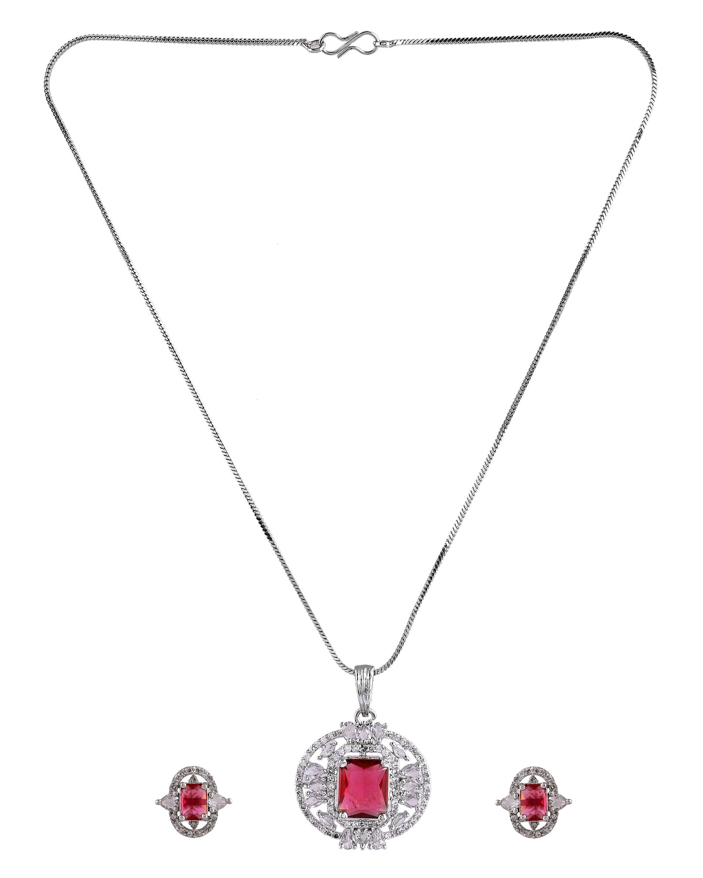 VOJ Silver Plated Ruby Red Rectangular Cz Stone Studded Chain Set - Dista