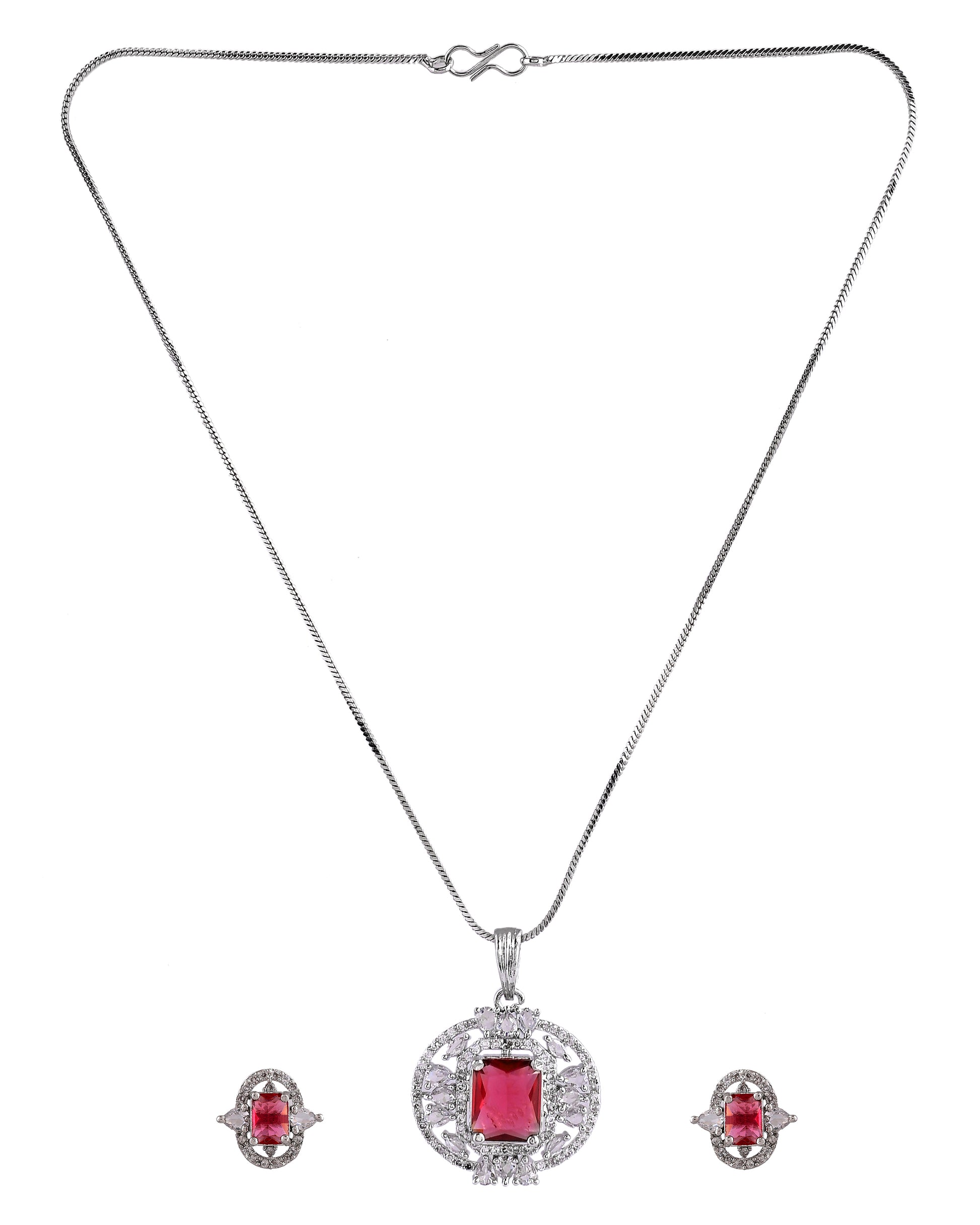 VOJ Silver Plated Ruby Red Rectangular Cz Stone Studded Chain Set - Dista