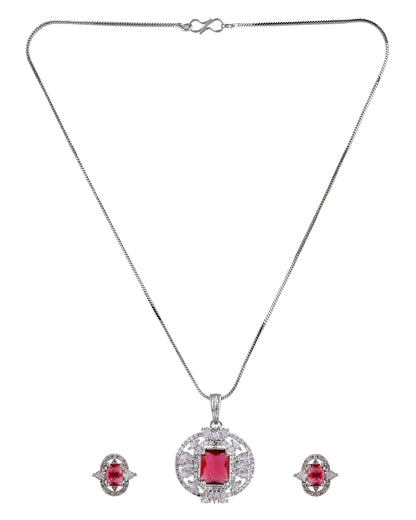 VOJ Silver Plated Ruby Red Rectangular Cz Stone Studded Chain Set - Dista