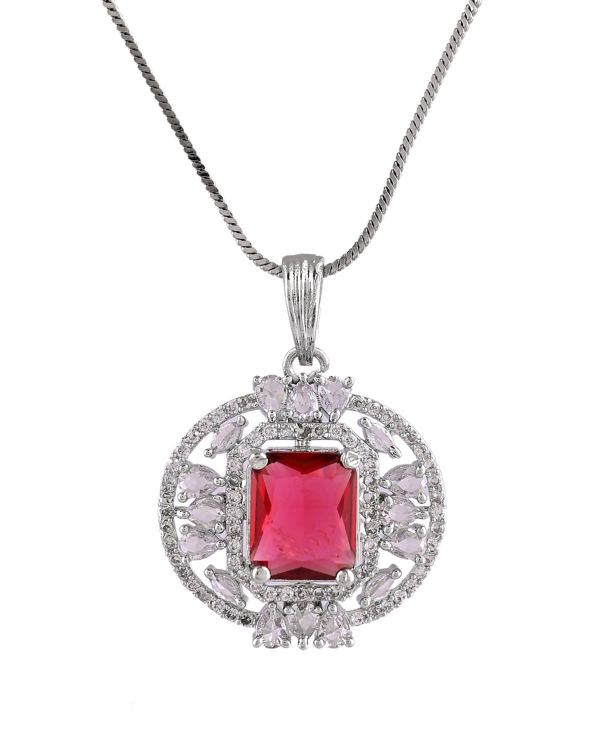 VOJ Silver Plated Ruby Red Rectangular Cz Stone Studded Chain Set - Dista
