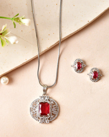 VOJ Silver Plated Ruby Red Rectangular Cz Stone Studded Chain Set - Dista