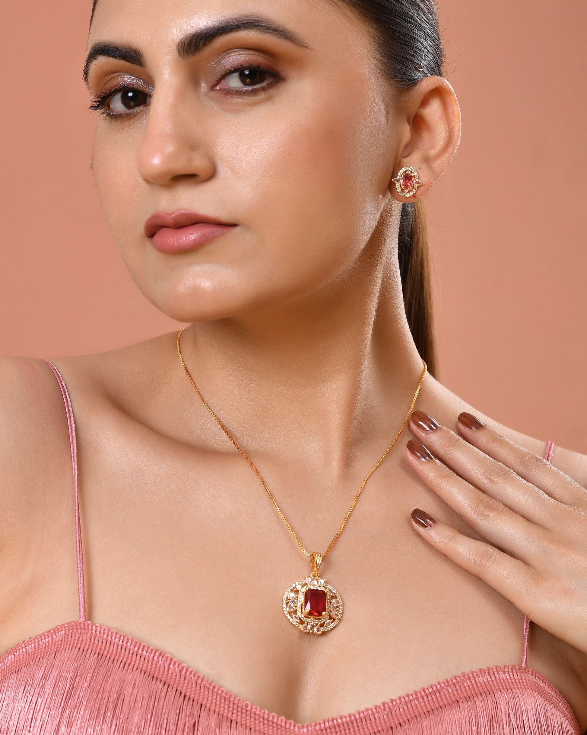 VOJ Gold Plated Ruby Red Rectangular Cz Stone Studded Chain Set - Dista