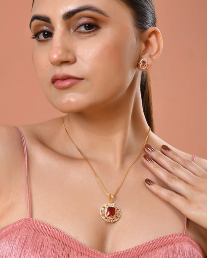 VOJ Gold Plated Ruby Red Rectangular Cz Stone Studded Chain Set - Dista