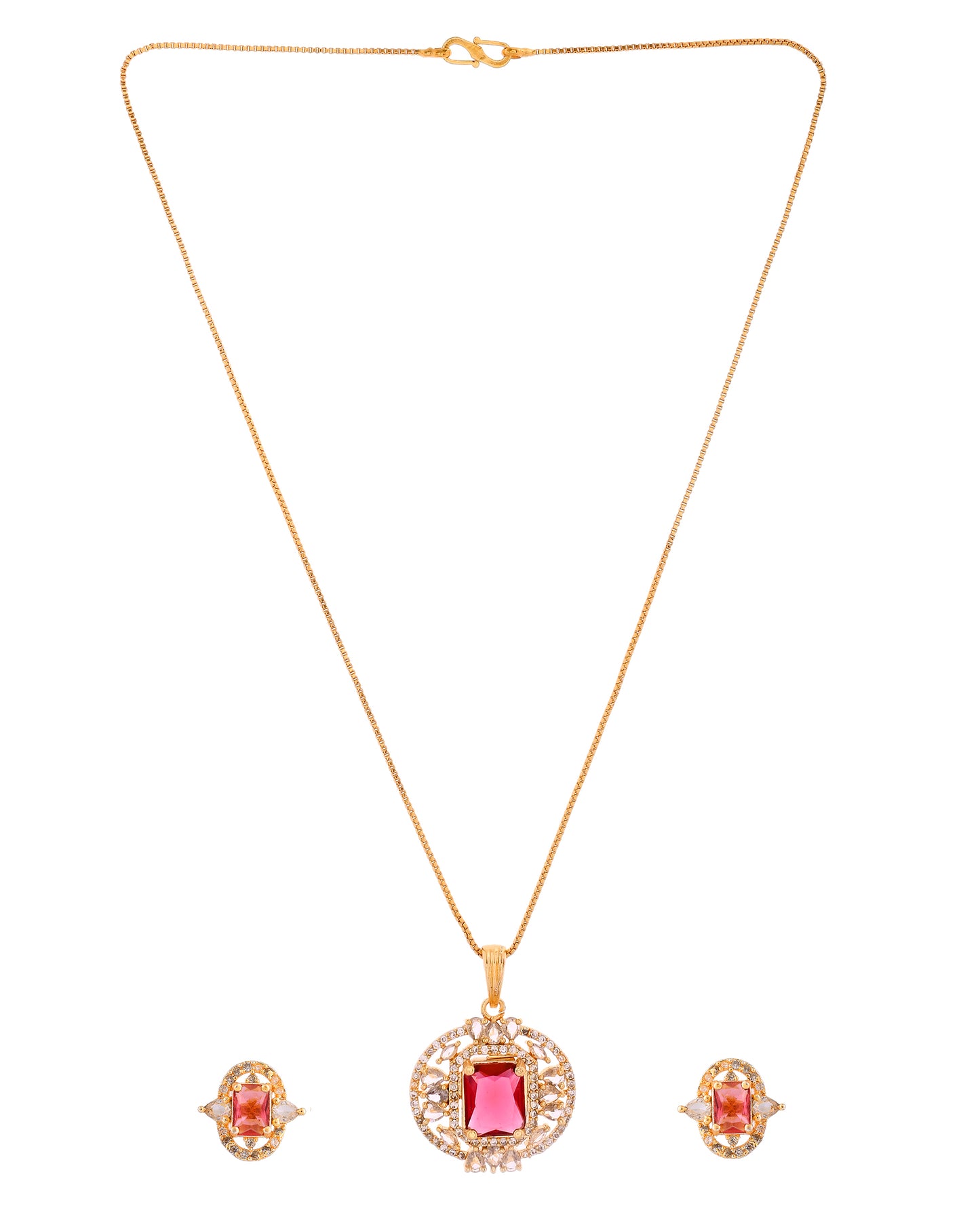 VOJ Gold Plated Ruby Red Rectangular Cz Stone Studded Chain Set - Dista