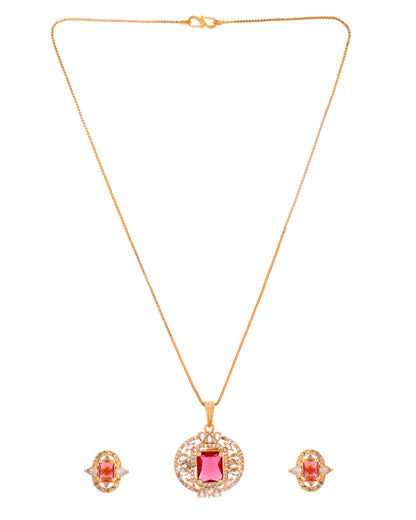 VOJ Gold Plated Ruby Red Rectangular Cz Stone Studded Chain Set - Dista