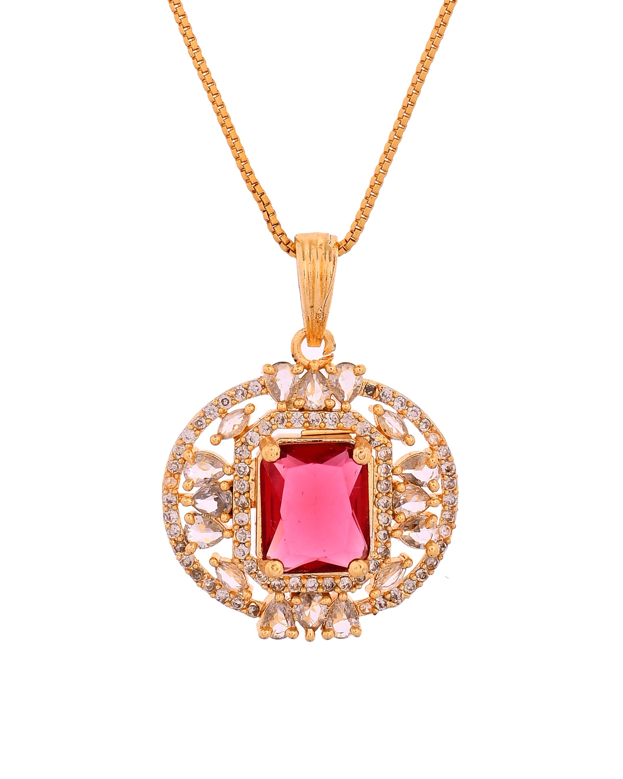VOJ Gold Plated Ruby Red Rectangular Cz Stone Studded Chain Set