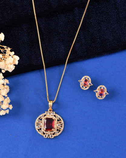 VOJ Gold Plated Ruby Red Rectangular Cz Stone Studded Chain Set - Dista