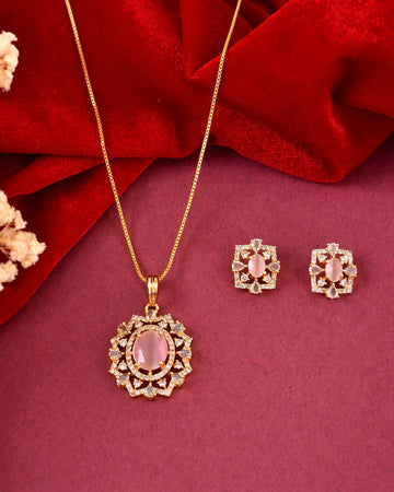 VOJ Gold Toned Baby Pink Oval Stone Studded Sun Shaped Ad Pendant With Chain Set - Dista