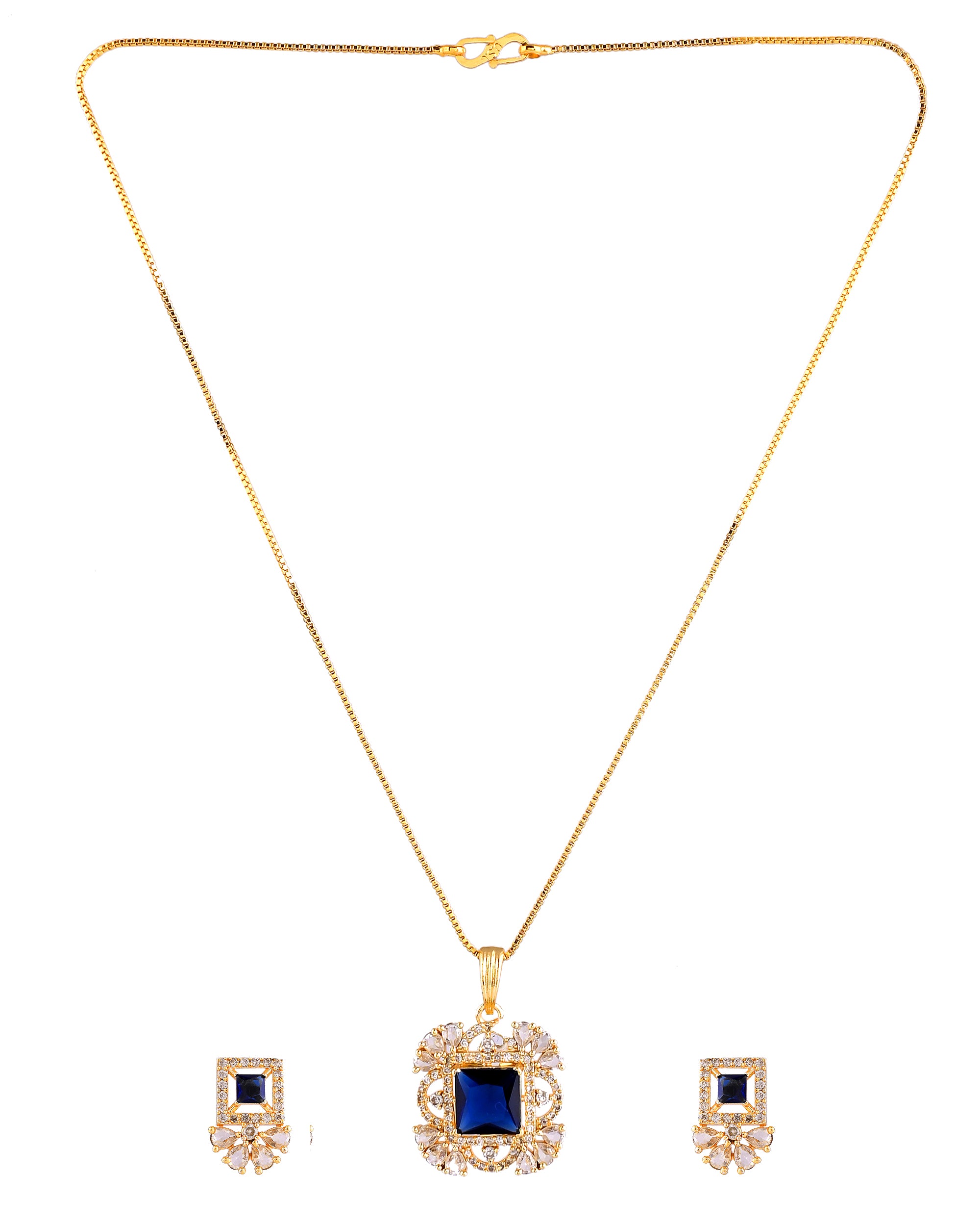 VOJ Gold Plated Blue Square Shaped Stone Studded Ad Chain Set - Dista