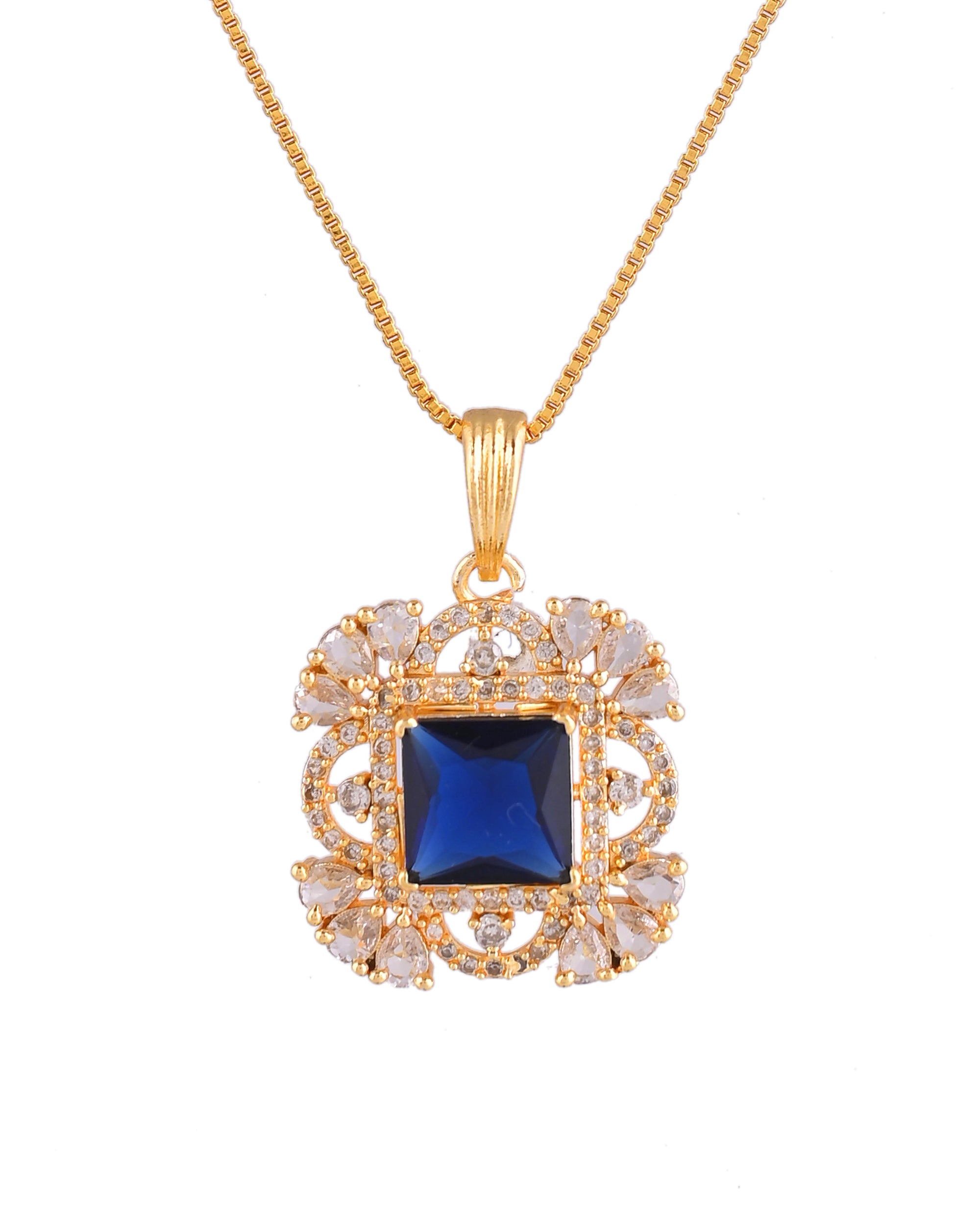 VOJ Gold Plated Blue Square Shaped Stone Studded Ad Chain Set - Dista