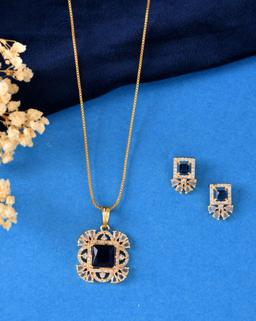 VOJ Gold Plated Blue Square Shaped Stone Studded Ad Chain Set - Dista