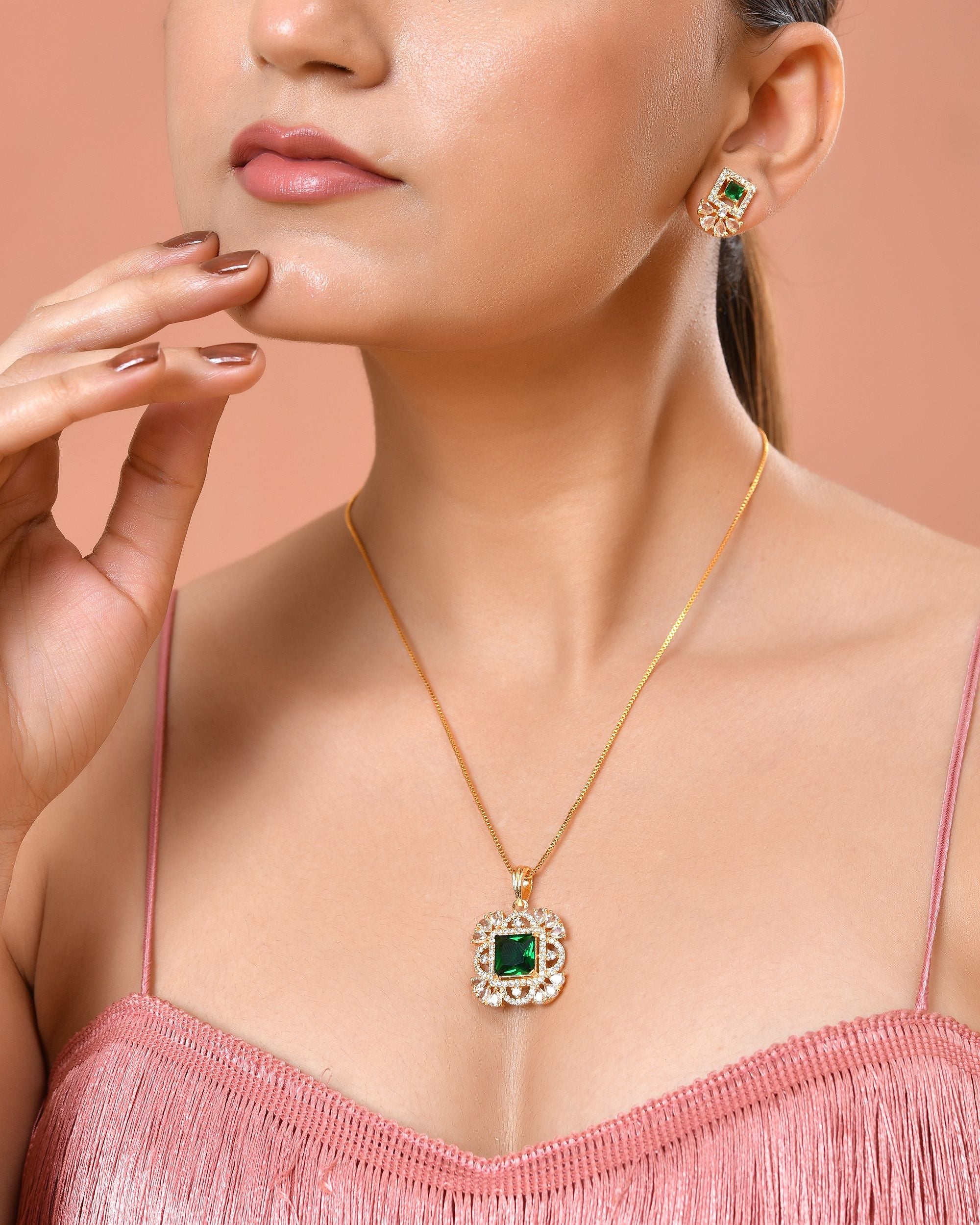 VOJ Gold Plated Green Square Shaped Stone Studded Ad Chain Set - Dista