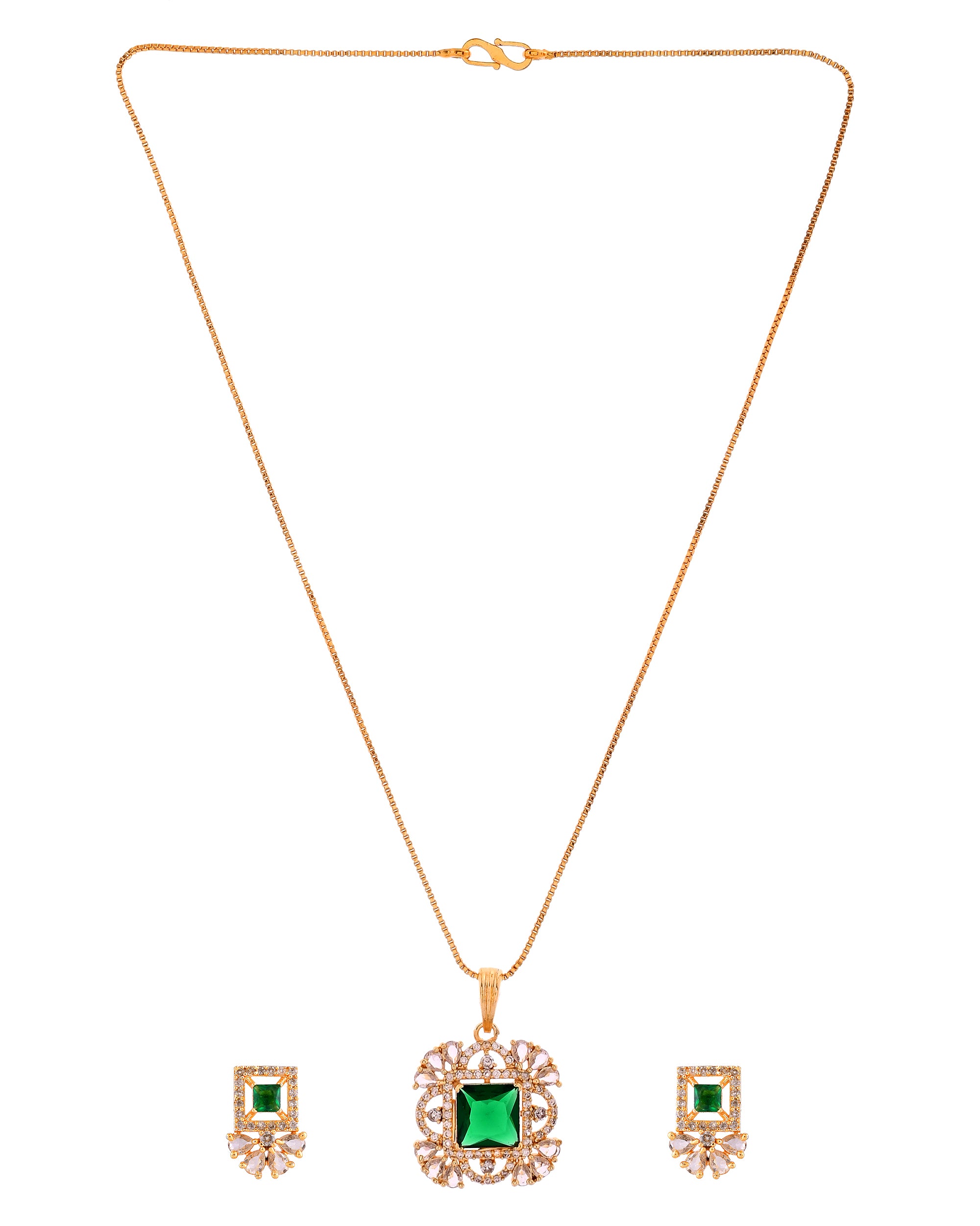 VOJ Gold Plated Green Square Shaped Stone Studded Ad Chain Set - Dista