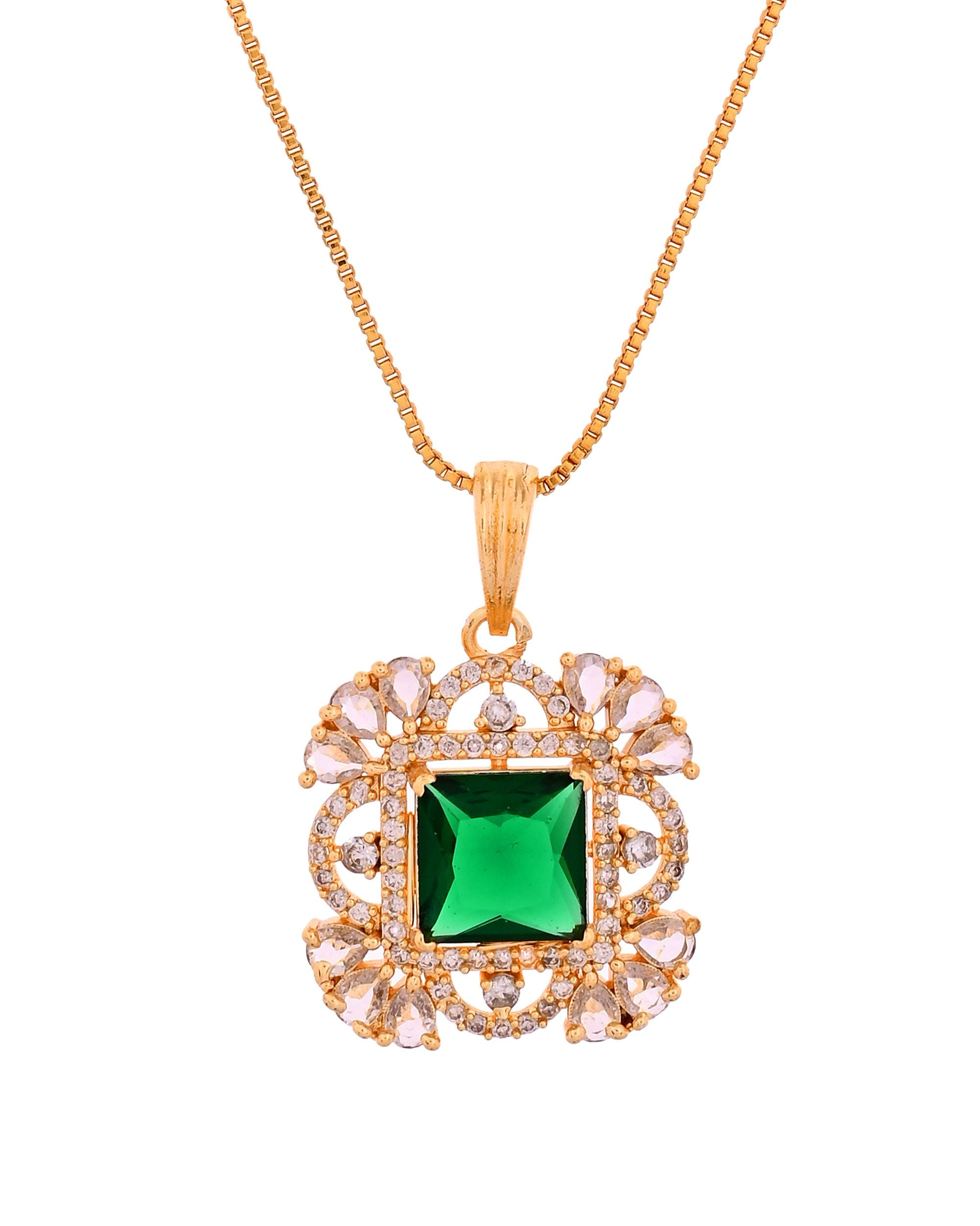 VOJ Gold Plated Green Square Shaped Stone Studded Ad Chain Set - Dista