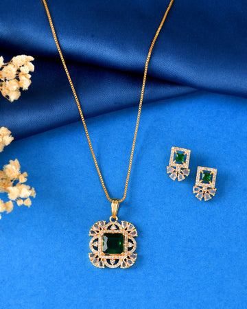 VOJ Gold Plated Green Square Shaped Stone Studded Ad Chain Set - Dista