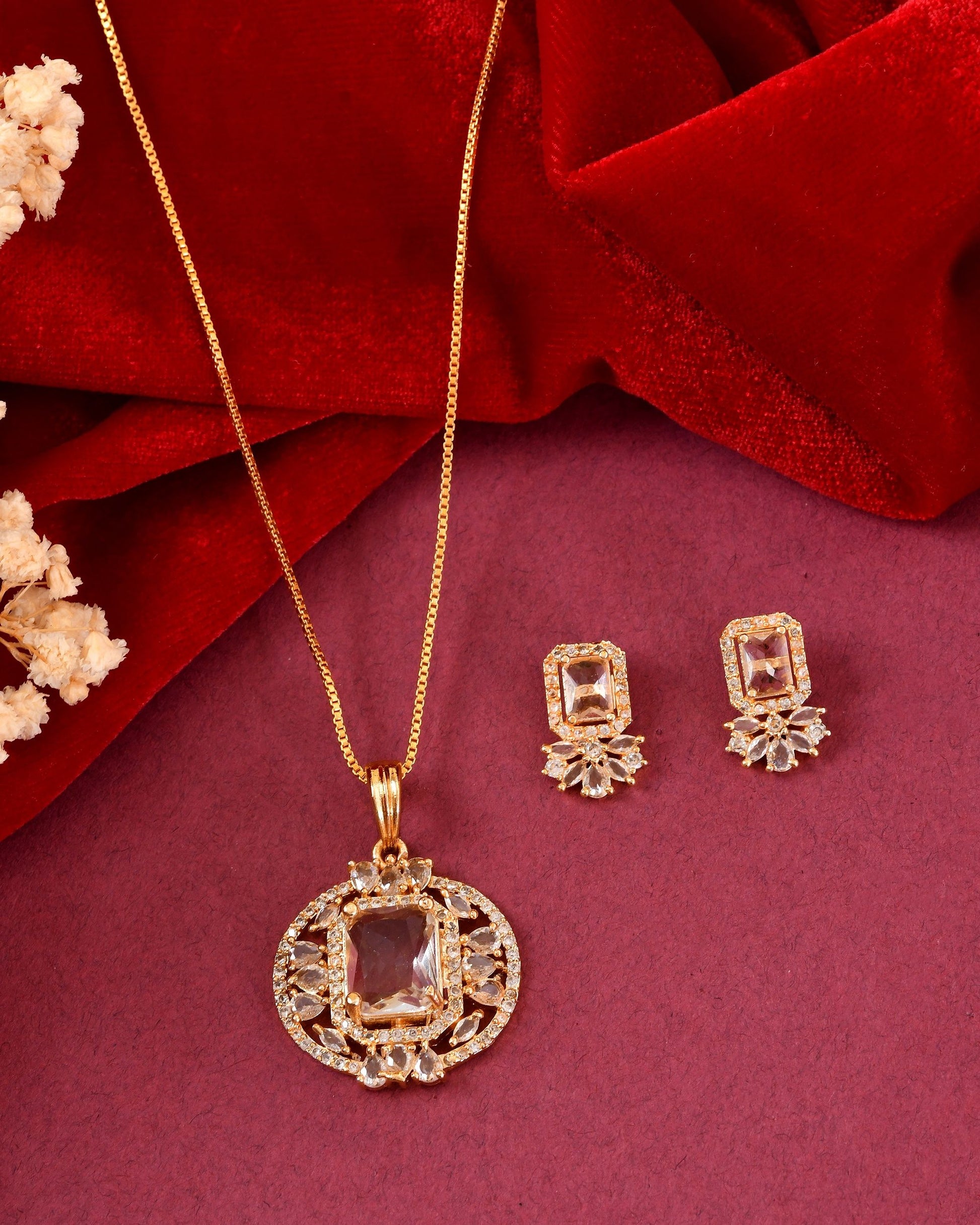 VOJ Gold Plated Rectangular Shaped Cz Stone Studded Chain Set - Dista