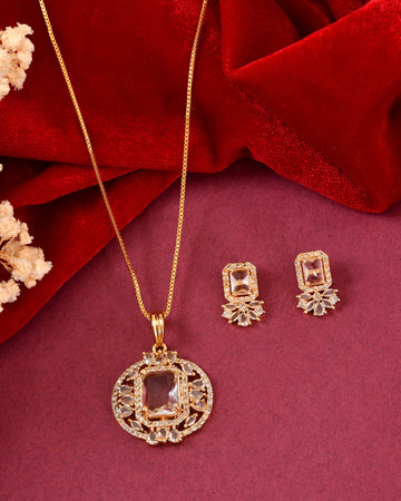 VOJ Gold Plated Rectangular Shaped Cz Stone Studded Chain Set - Dista