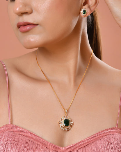 VOJ Gold Toned Green Rectangular Shaped Cz Chain Set - Dista