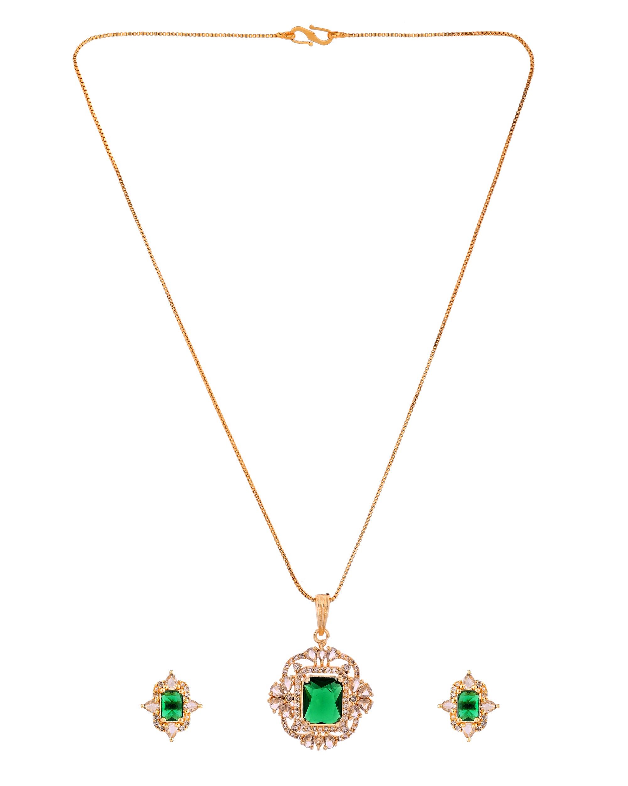 VOJ Gold Toned Green Rectangular Shaped Cz Chain Set