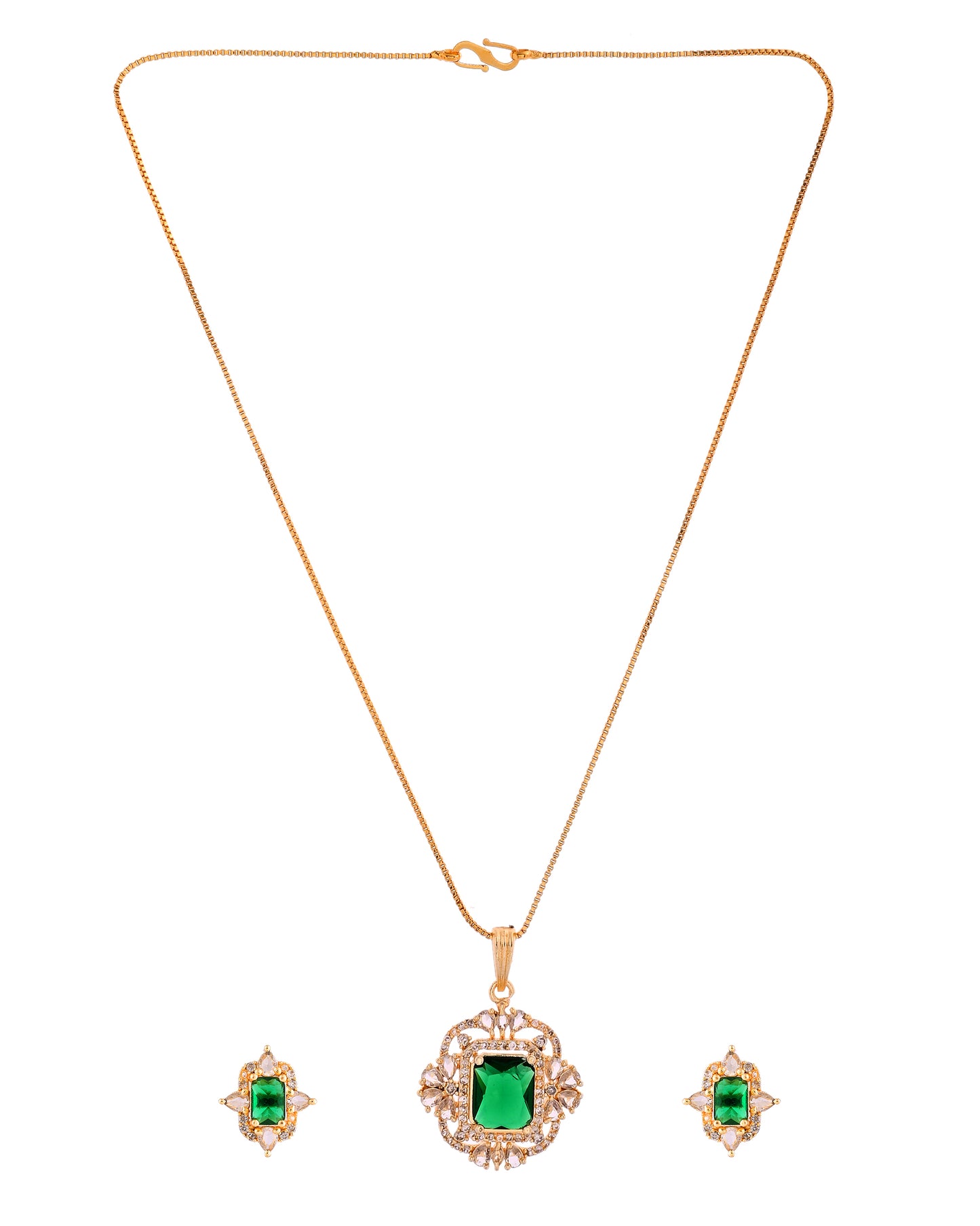 VOJ Gold Toned Green Rectangular Shaped Cz Chain Set - Dista