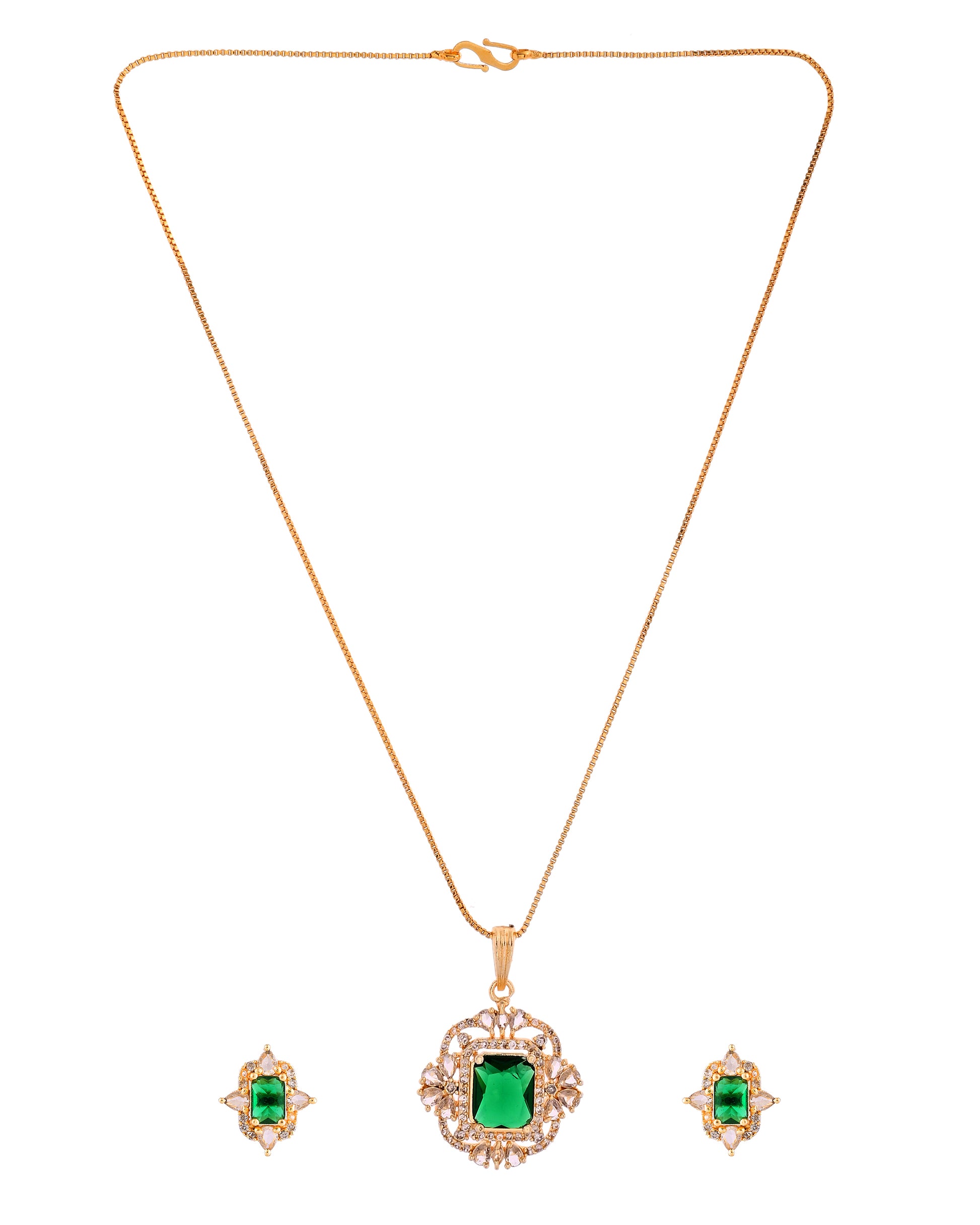 VOJ Gold Toned Green Rectangular Shaped Cz Chain Set - Dista