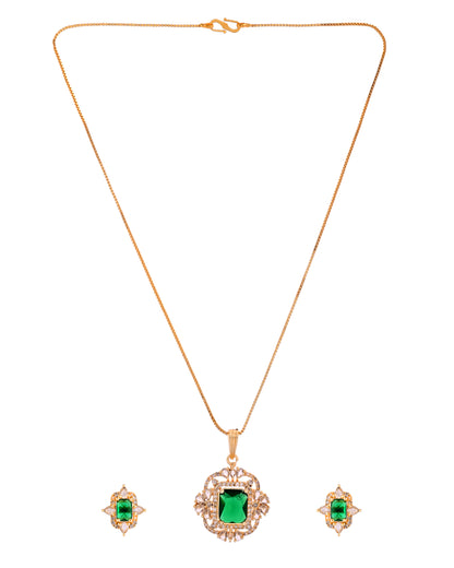 VOJ Gold Toned Green Rectangular Shaped Cz Chain Set - Dista