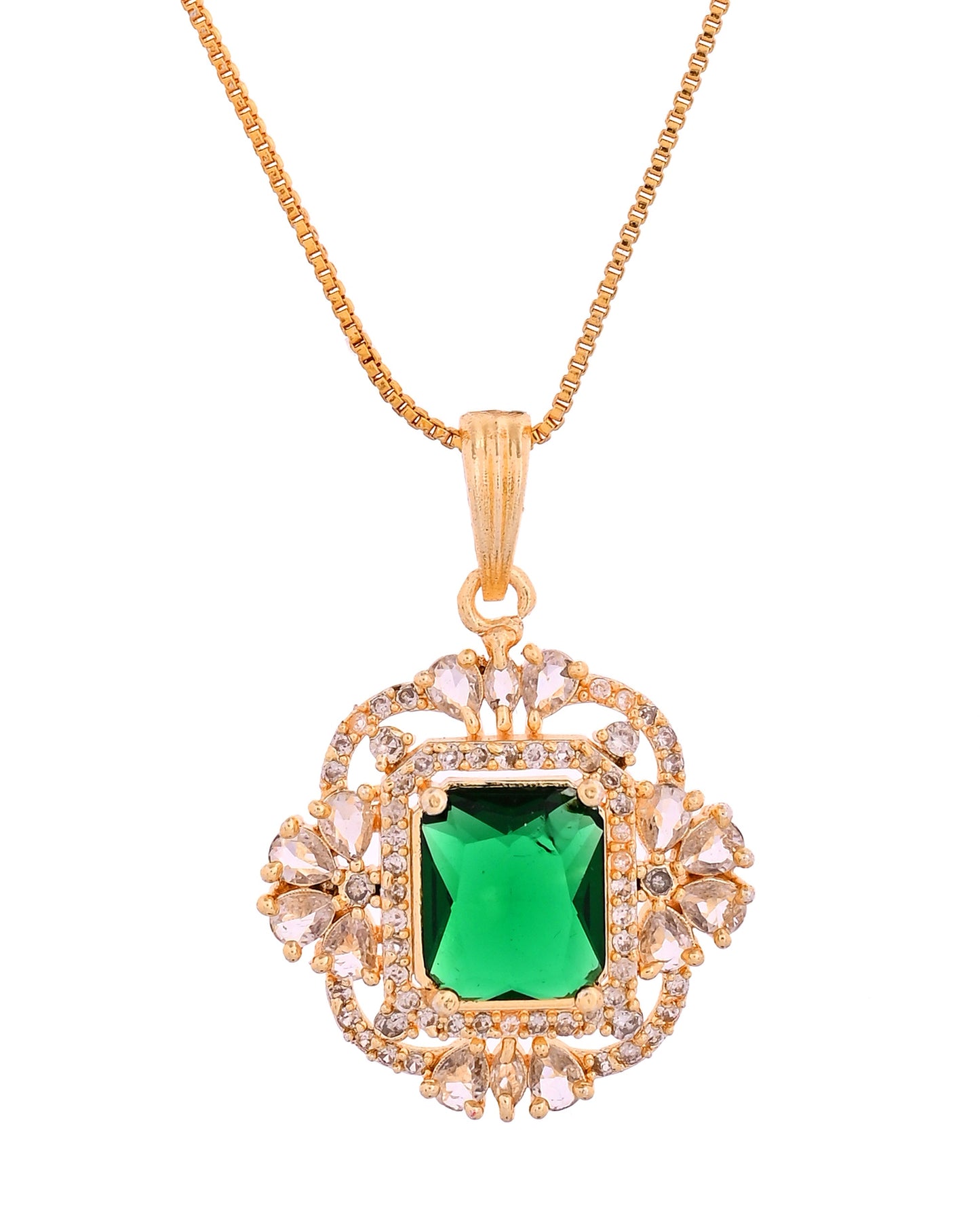 VOJ Gold Toned Green Rectangular Shaped Cz Chain Set - Dista