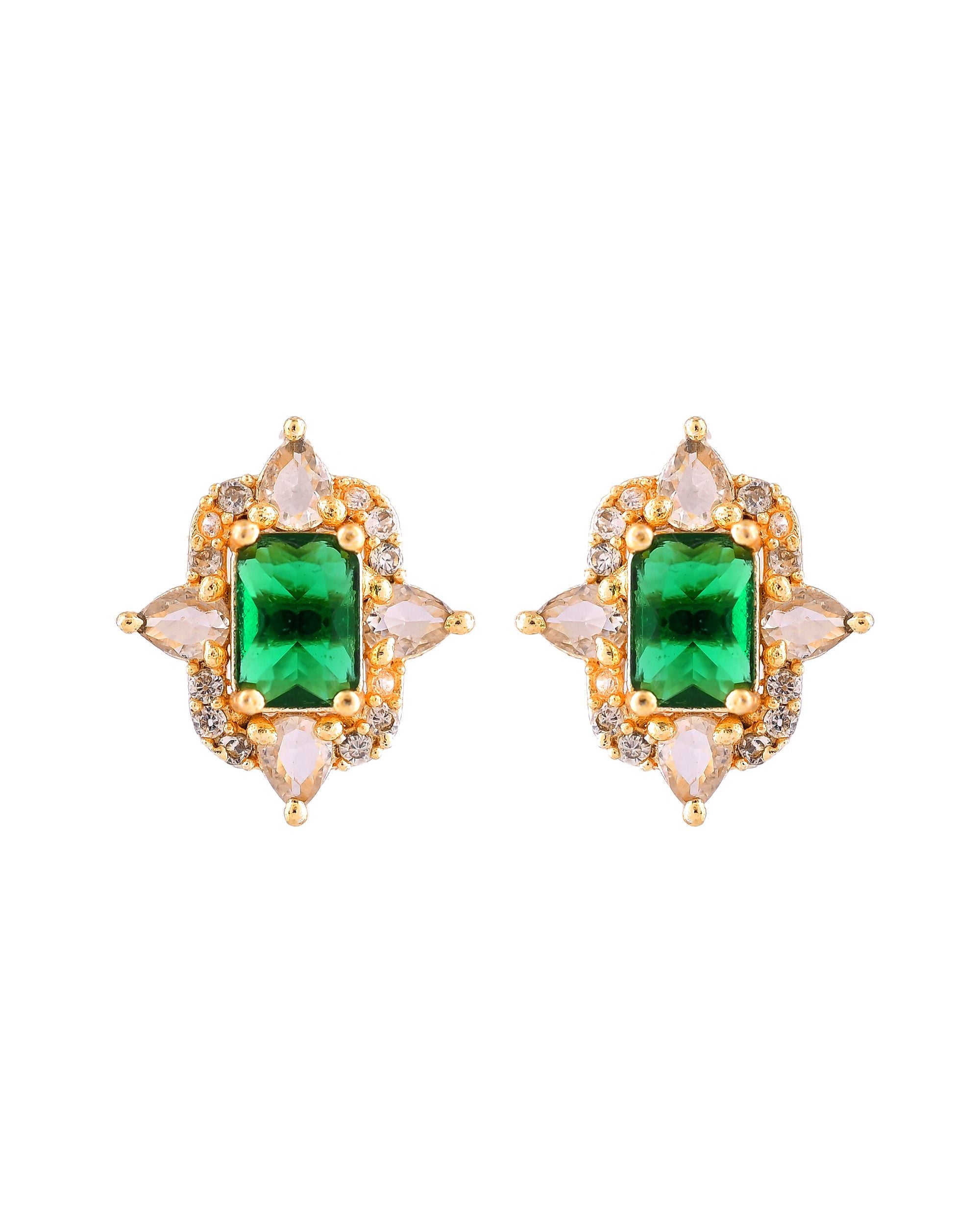 VOJ Gold Toned Green Rectangular Shaped Cz Chain Set