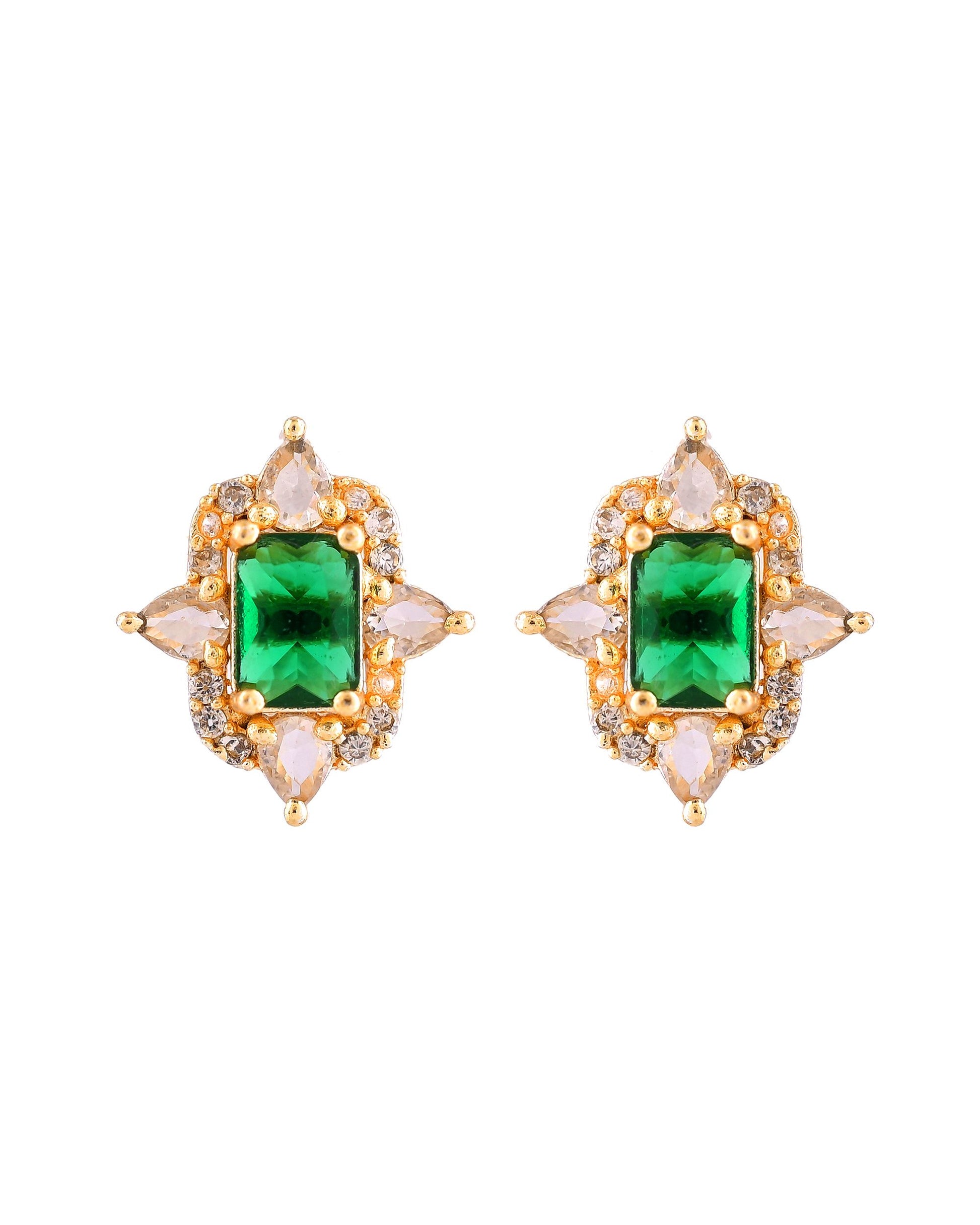 VOJ Gold Toned Green Rectangular Shaped Cz Chain Set - Dista