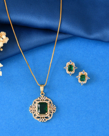 VOJ Gold Toned Green Rectangular Shaped Cz Chain Set - Dista
