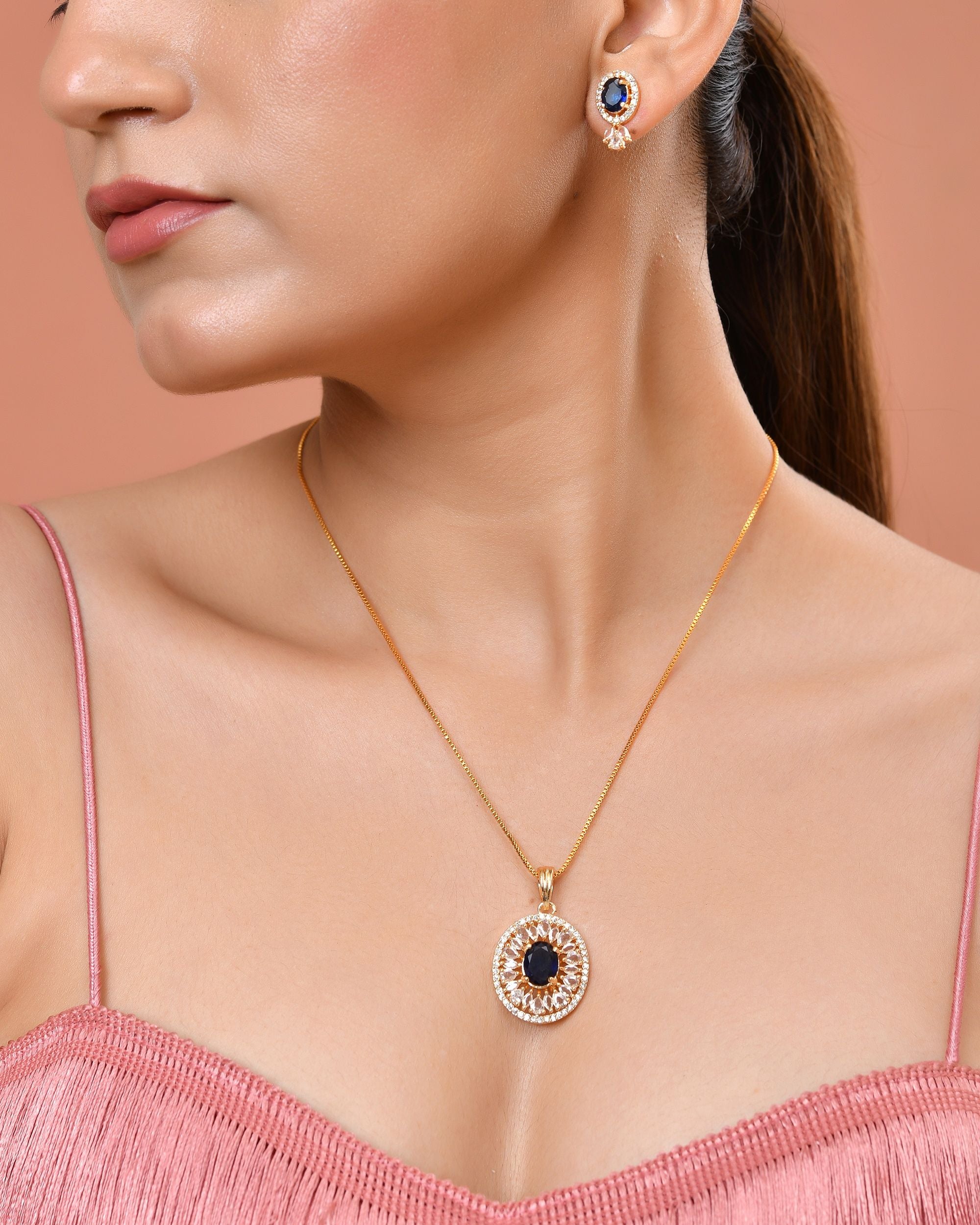 VOJ Gold Plated Blue Oval Shaped Cz Chain Set - Dista