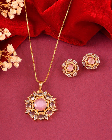 VOJ Gold Plated Baby Pink Circular Stone Studded Floral Cz Chain Set - Dista