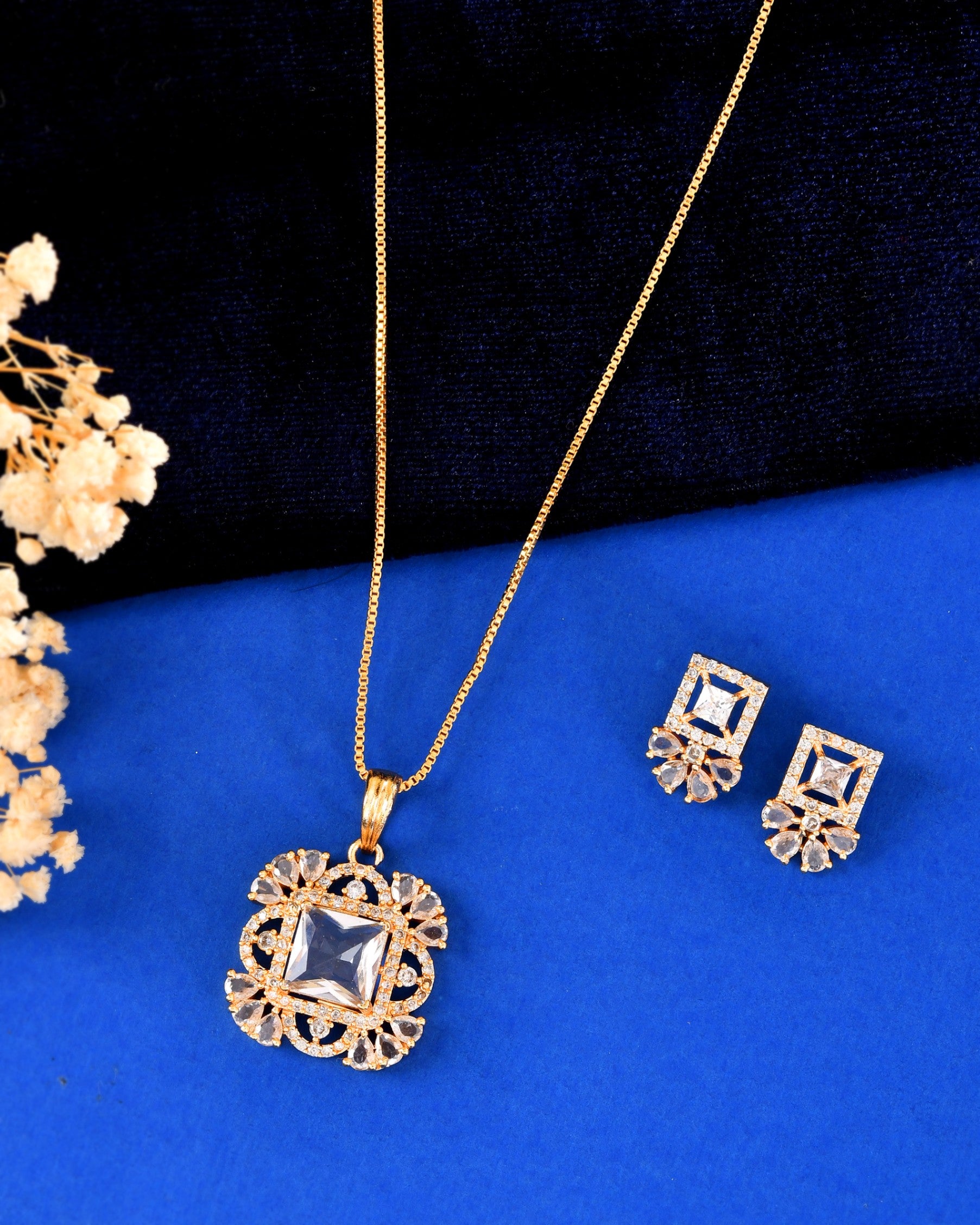 VOJ Gold Tone Square Shaped Cz Chain Set - Dista