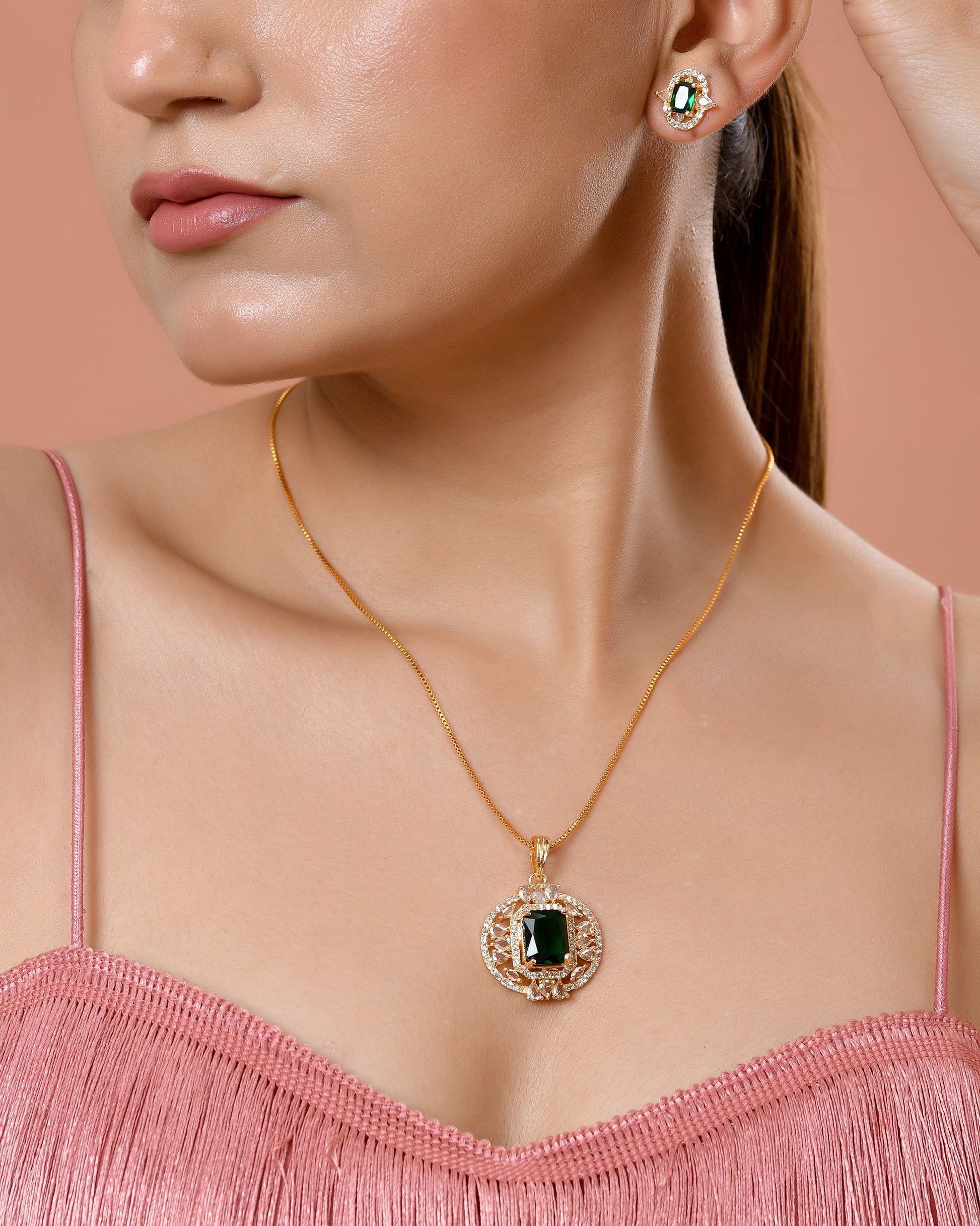 VOJ Gold Toned Green Rectangular Shaped Cz Chain Set - Dista