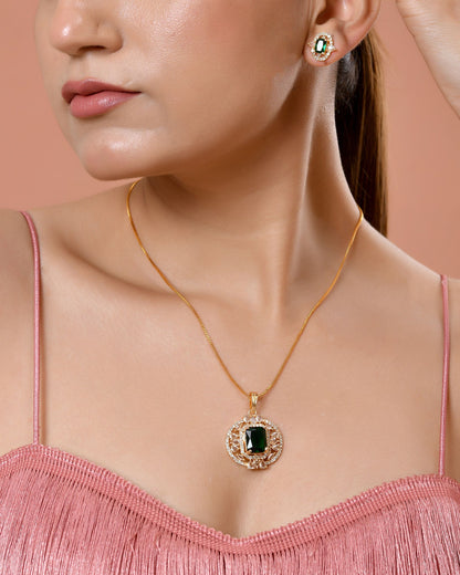 VOJ Gold Toned Green Rectangular Shaped Cz Chain Set - Dista