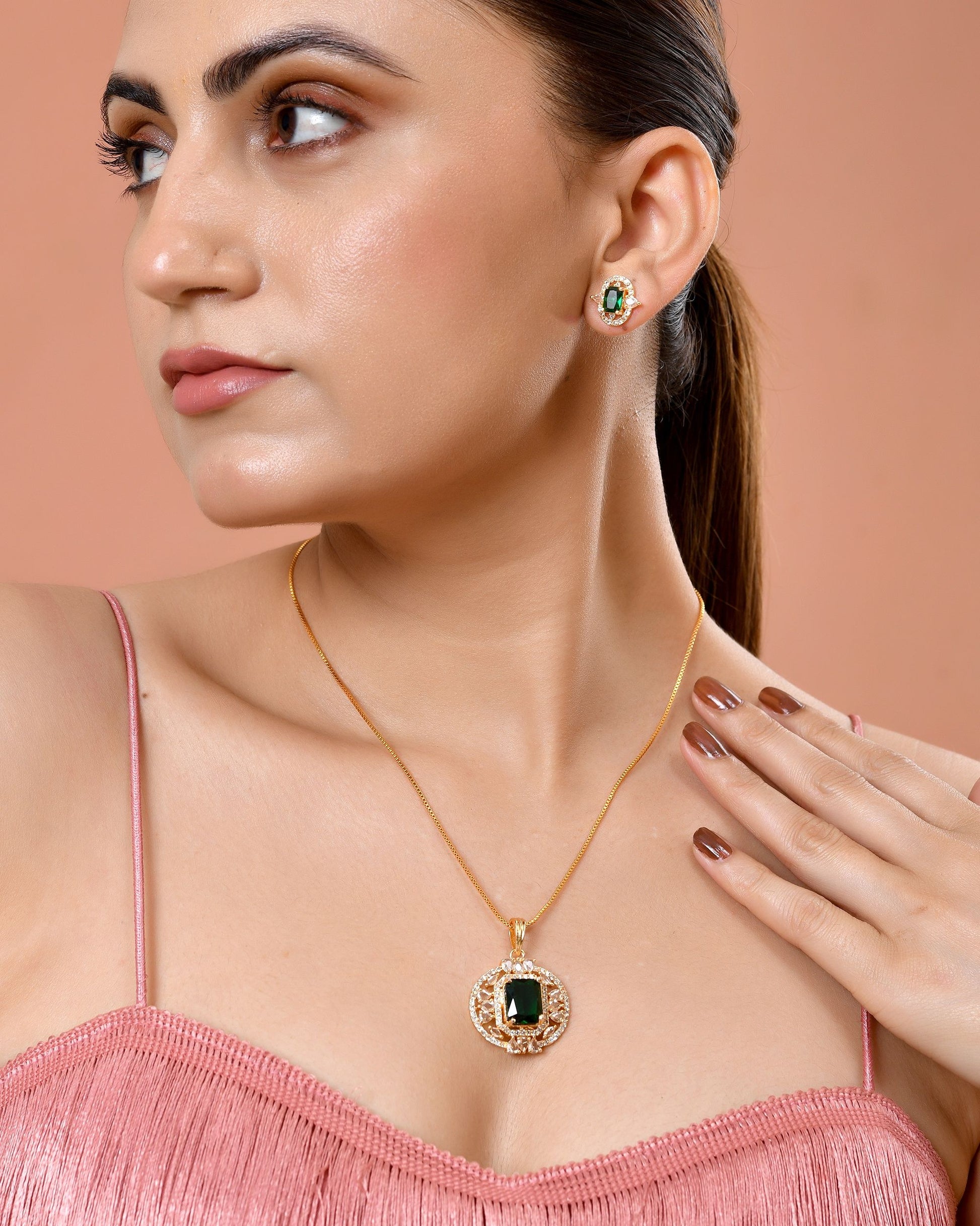 VOJ Gold Toned Green Rectangular Shaped Cz Chain Set - Dista
