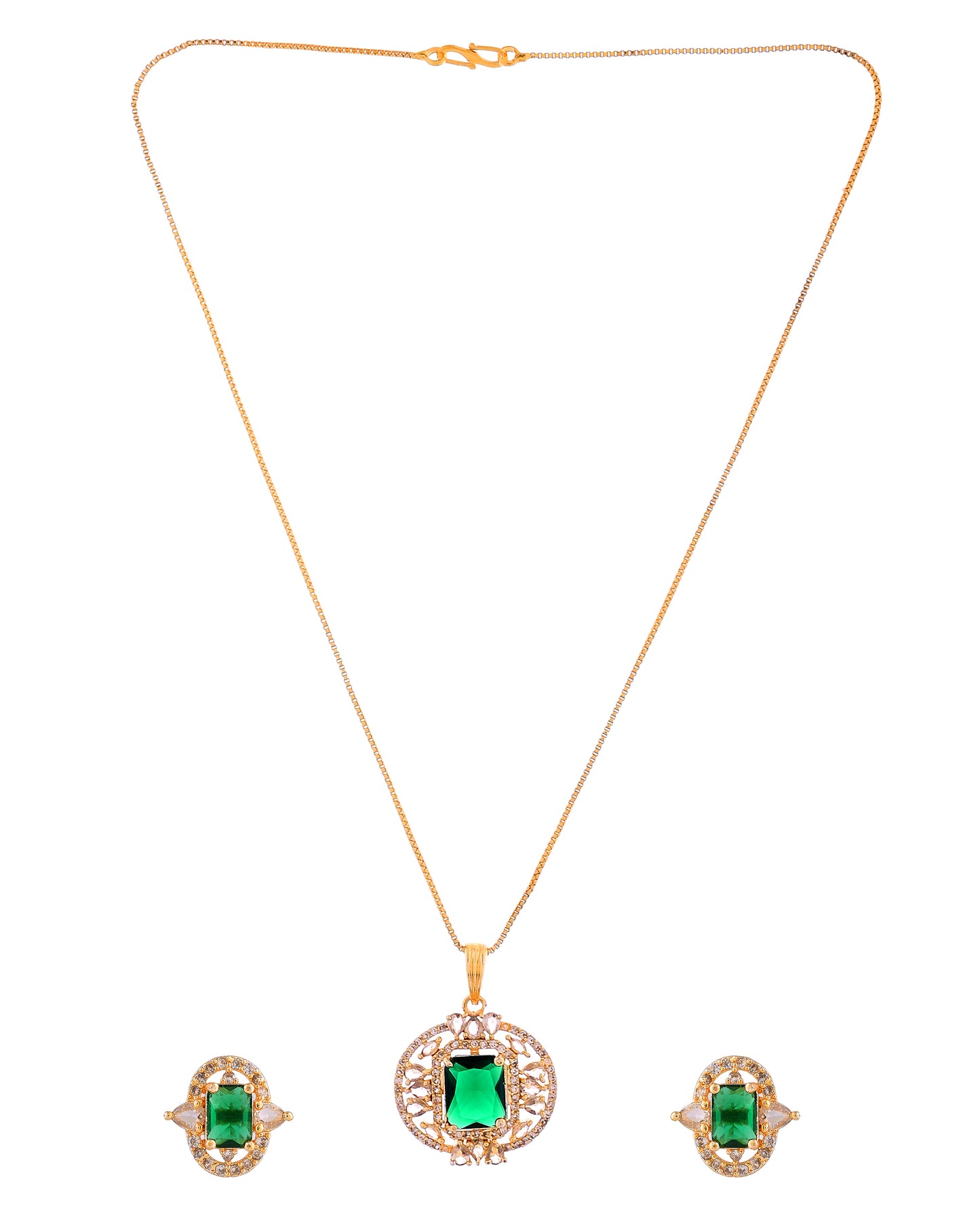 VOJ Gold Toned Green Rectangular Shaped Cz Chain Set - Dista
