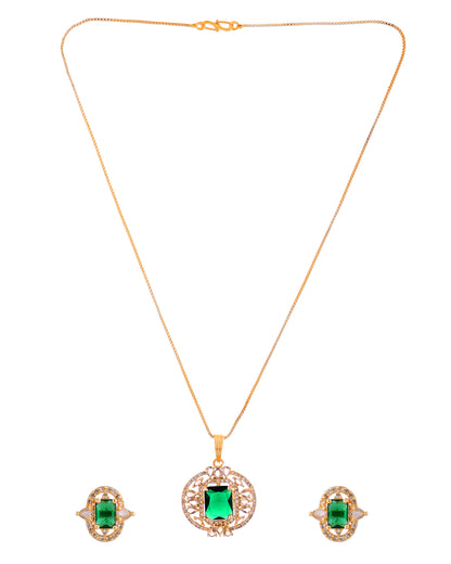VOJ Gold Toned Green Rectangular Shaped Cz Chain Set - Dista